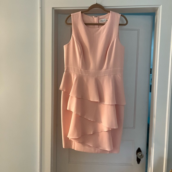 ELIZAJ Ella Ruffle Cascade Crepe Sheath Dress In Blush - Picture 5 of 14